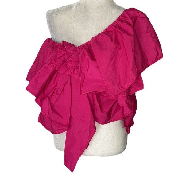 NWT Zara Fuschia Pink Voluminous Asymmetric One Shoulder Ruffled Crop Top - M - Picture 8 of 16